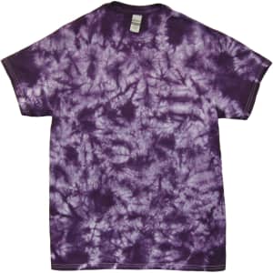 A crinkle tie dye T-shirt in shades of purple, featuring a vibrant, textured pattern and a label on the neckline.
