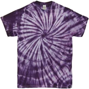 A purple tie-dye t-shirt featuring a spiral design, with a tag visible in the neckline.