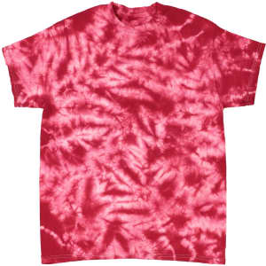 A red crinkle tie dye t-shirt with a vibrant, swirling pattern, featuring a logo on the front.