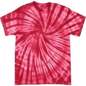 A red tie-dye t-shirt with a spiral pattern and a short sleeve design. It features a logo on the label.