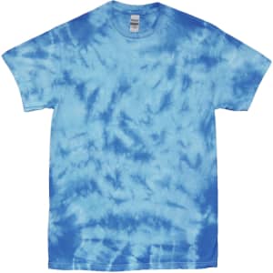 A blue tie-dye t-shirt featuring a swirling crinkle pattern and a label inside the collar.