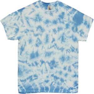 A blue and white crinkle tie dye t-shirt with a relaxed fit and a logo on the label.