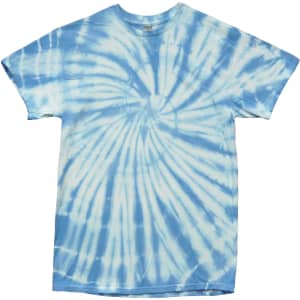 A tie-dye T-shirt in various shades of blue with a spiral pattern and a plain crew neck.