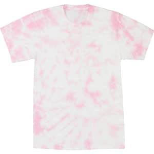 A pink and white tie dye T-shirt with a crinkle design and a round neck. It features a logo.