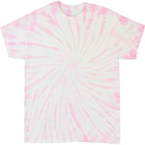 A pink and white tie dye t-shirt featuring a swirl pattern and a plain design. It has a brand logo.