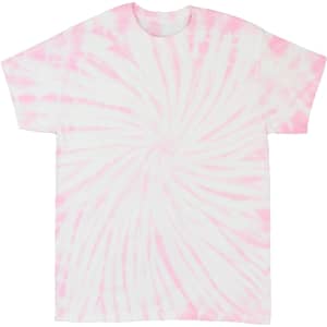 A pink and white spiral tie dye T-shirt displayed flat. The shirt features a loose, comfortable fit and has a branding logo.