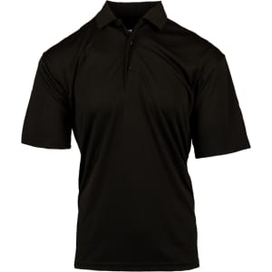 A black polyester sport shirt featuring a polo collar and short sleeves, with a logo on the chest.
