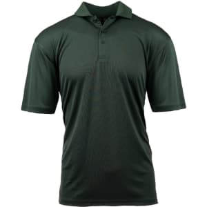 A dark green polyester sport shirt featuring a classic polo collar and short sleeves, with a logo on the front.