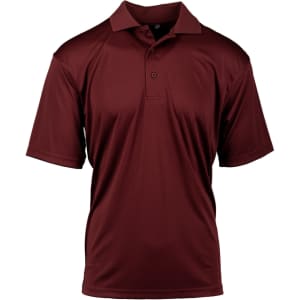 A maroon polyester sport shirt with a classic polo collar and a logo on the chest.