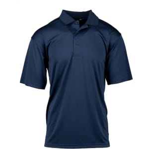 A navy blue polyester sport shirt featuring a collar and short sleeves, with a logo on the chest.