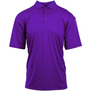A purple polyester sport shirt with a collar and short sleeves, featuring a logo.