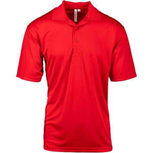 A red polyester sport shirt featuring a collar and short sleeves, with a logo on the front.