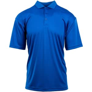 A blue polyester sport shirt with a polo collar and short sleeves. It features a logo on the chest.