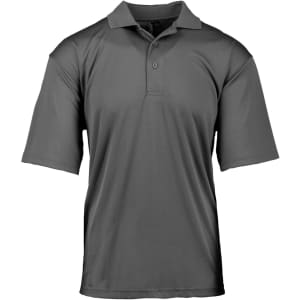 A grey polyester sport shirt with a collared neck and short sleeves, featuring a logo.