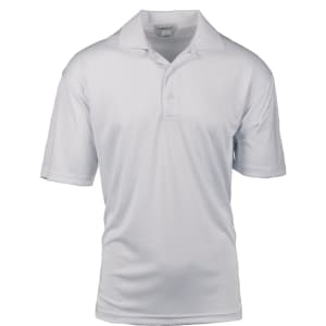 A white polyester sport shirt featuring a classic polo style and a logo on the chest.