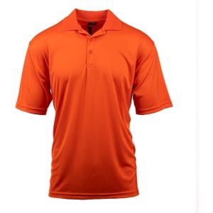 An orange polyester sport shirt with a classic polo design and a collar. It features a logo on the chest.