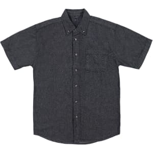 A men's short-sleeve shirt in dark denim, featuring a button-up front and a chest pocket. Includes branding on the label.