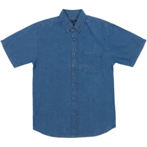 A short-sleeved, button-up shirt in dark blue denim with a chest pocket and a logo on the collar.