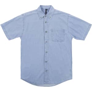 A short sleeve cotton denim shirt in blue, featuring a button-up design and a single chest pocket.