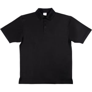 A black polo shirt with a collar and three buttons, featuring an unadorned design. It has a small brand logo.