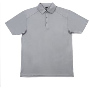 A grey polo shirt with a collared neckline and button placket, featuring a logo on the chest area.