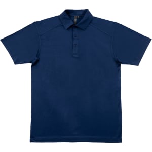 A navy blue polo shirt with a collared neckline and three button placket. It has a logo on the chest.