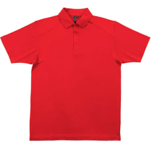 A red polo shirt featuring a collar and a placket with buttons. The shirt has a logo on the chest area.