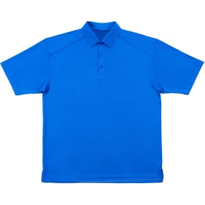 A blue polo shirt with a collar and short sleeves, featuring a three-button placket and a logo.