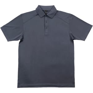 A dark grey polo shirt with a collared neckline and buttons, featuring a logo on the chest area.