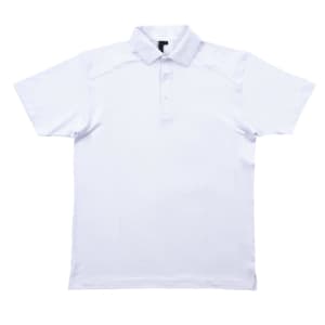A white polo shirt featuring a collar and short sleeves, with a logo on the chest area.