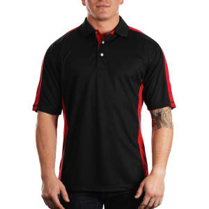 A black and red polo shirt with short sleeves, featuring contrasting side panels and a logo on the chest.