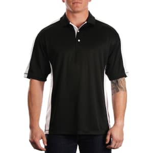 A black and white short-sleeved mesh shirt with a collar and a logo on the chest.