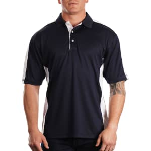 A navy and white polo shirt with a logo, featuring short sleeves and a collar.