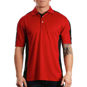 A red and black moisture-free mesh polo shirt featuring a logo on the chest.