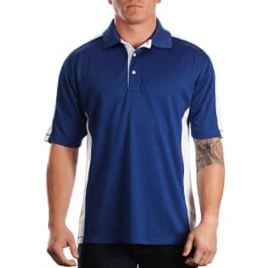 A blue and white polo shirt featuring a branding logo, with short sleeves and a classic collar.