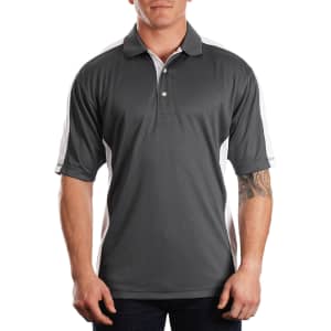 A grey polo shirt with white side panels and a logo, featuring a collar and short sleeves.