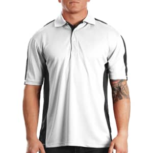 A moisture-free mesh shirt featuring a white body with black side panels and a collar, with a logo present.