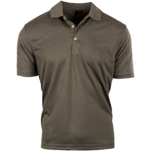 A khaki moisture-free pique polo shirt featuring a classic collar and three-button placket, with a logo.