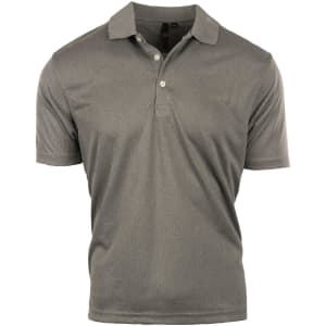 A grey polo shirt featuring a collar and three buttons, with a logo on the chest.