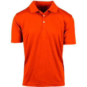 An orange polo shirt with a classic collar and short sleeves, featuring a logo on the chest.