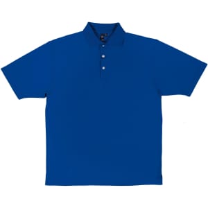 A blue polo shirt with a collar and three-button placket, featuring a logo on the chest.