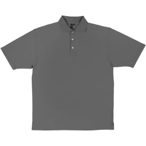 A grey polo shirt with a collar and three buttons, featuring a logo on the chest.