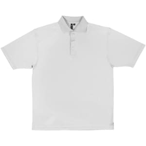 A white polo shirt featuring a collar and three buttons, with a logo on the chest area.