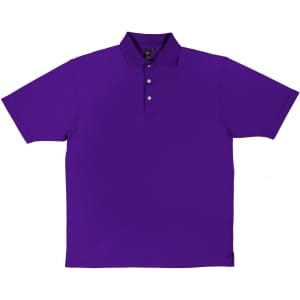 A purple moisture-free polo shirt featuring a three-button placket and a logo.