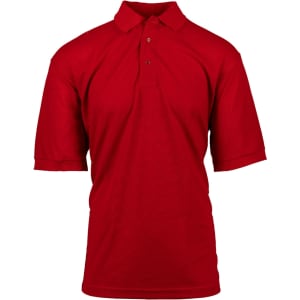 A red Men's Featherlite Polo Shirt with a collar, short sleeves, and a logo.