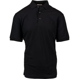A black short sleeve polo shirt made from soft knit fabric, featuring a collar and three-button placket.