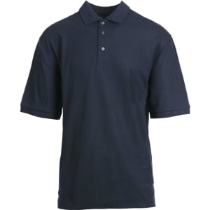 A short sleeve, silky soft knit polo shirt in navy blue with a collar and buttons. It features a logo.