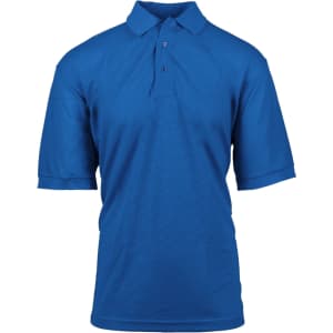 A blue short sleeve silky soft knit polo shirt with a collar and buttons. It features a logo on the chest.