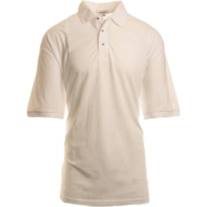 A short sleeve silky soft knit polo shirt in white, featuring a collar and a branding logo.