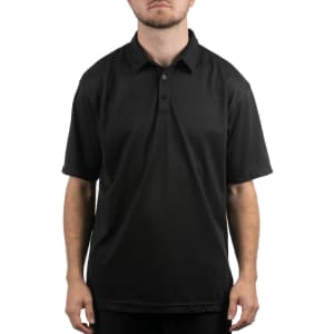 A black micro pique polo shirt with a three-button placket and short sleeves, featuring a logo on the chest.